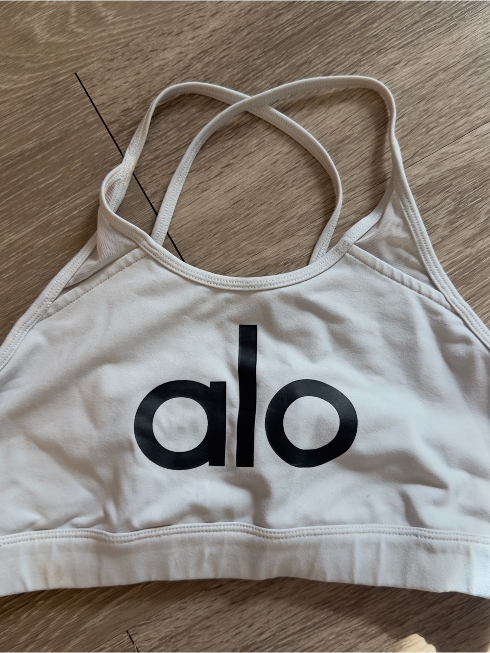 Alo Yoga White Large Logo Graphic Strappy Mesh Back Sports Bra Medium